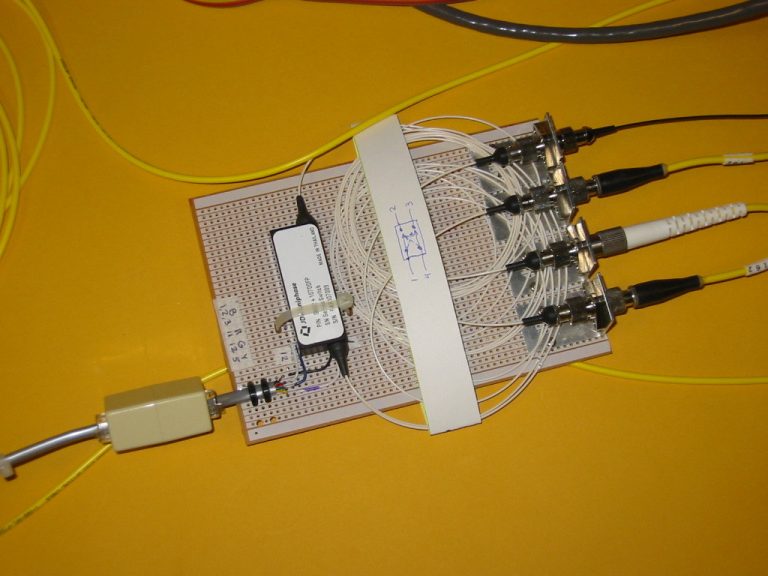 Optical switch in the BBN laboratory on a yellow background