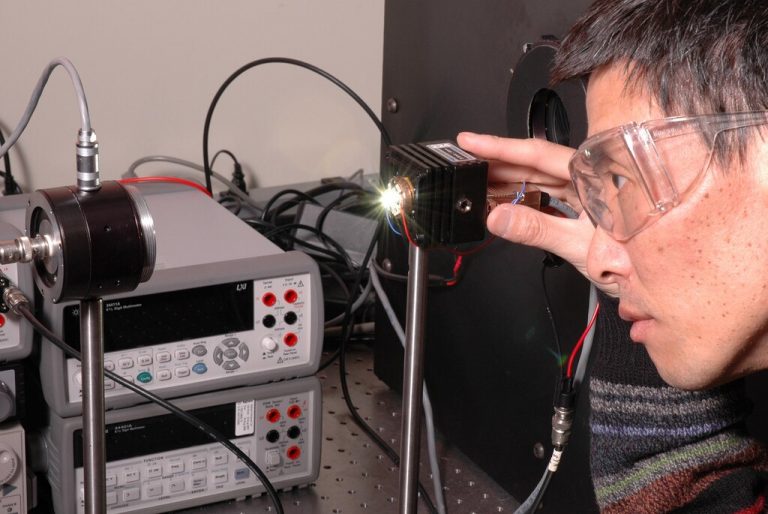 National Institute of Standards and Technology scientist Yuqin Zong with a mounted high power LED