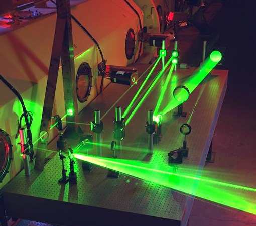 Green laser equipment being tested on an optical breadboard